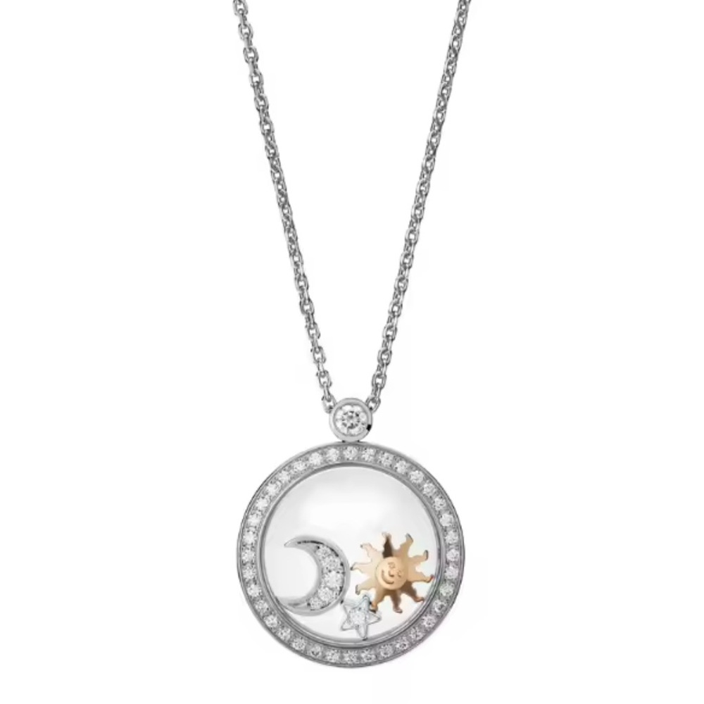 Necklace 925 Silver White Gold plated 45 cm Pendant HAPPY SUN, MOON AND STAR